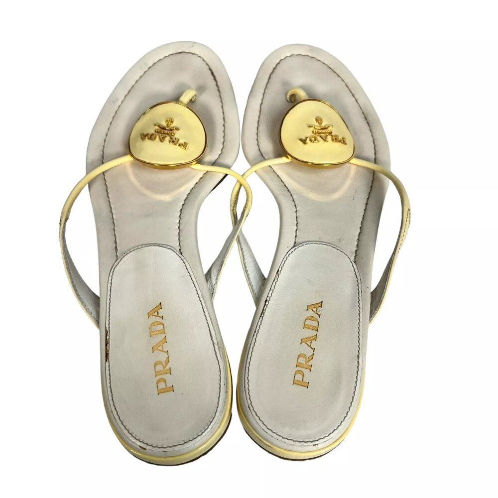 Prada Cream Enamel Logo Plaque Leather Flip Flop Sandals Size EU 40 Womens - Picture 5 of 16